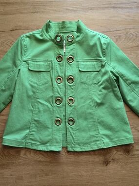 Tria Green Utility 3/4 Sleeve Denim Stretch Jacket Lg *missing 2 Hooks As Shown